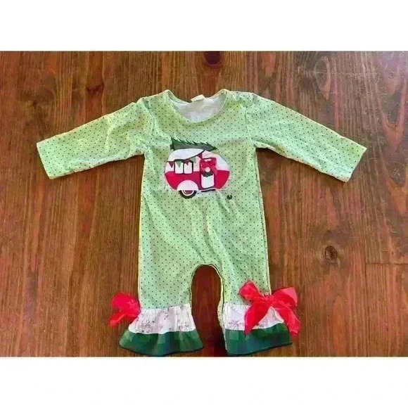Little Girl's Christmas Ruffled Green Romper Christmas Tree One Piece,6/12 month - Picture 1 of 8